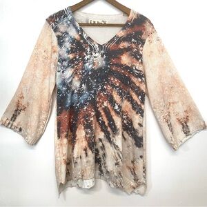 Vtg M Rena V Neck Sweater Woman Large  Oversized Printed Distress Hem Boho Comfy